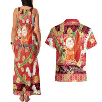 Hawaii Santa Mele Kalikimaka Couples Matching Tank Maxi Dress and Hawaiian Shirt Tropical Puakenikeni Lei with Polynesian Tribal Pattern LT03 - Polynesian Pride