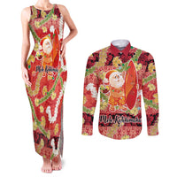 Hawaii Santa Mele Kalikimaka Couples Matching Tank Maxi Dress and Long Sleeve Button Shirt Tropical Puakenikeni Lei with Polynesian Tribal Pattern LT03 Red - Polynesian Pride