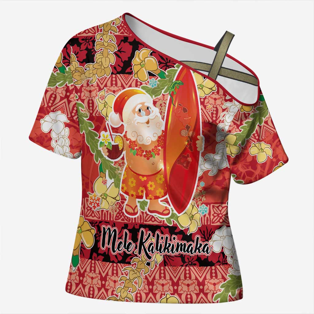 Hawaii Santa Mele Kalikimaka Cross Shoulder Shirt Tropical Puakenikeni Lei with Polynesian Tribal Pattern - Polynesian Pride