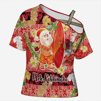 Hawaii Santa Mele Kalikimaka Cross Shoulder Shirt Tropical Puakenikeni Lei with Polynesian Tribal Pattern - Polynesian Pride