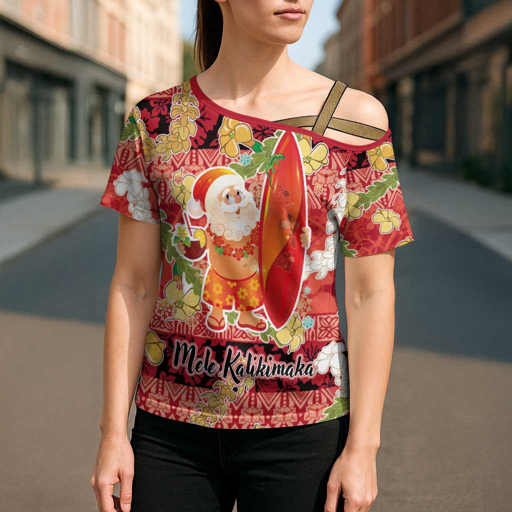 Hawaii Santa Mele Kalikimaka Cross Shoulder Shirt Tropical Puakenikeni Lei with Polynesian Tribal Pattern - Polynesian Pride