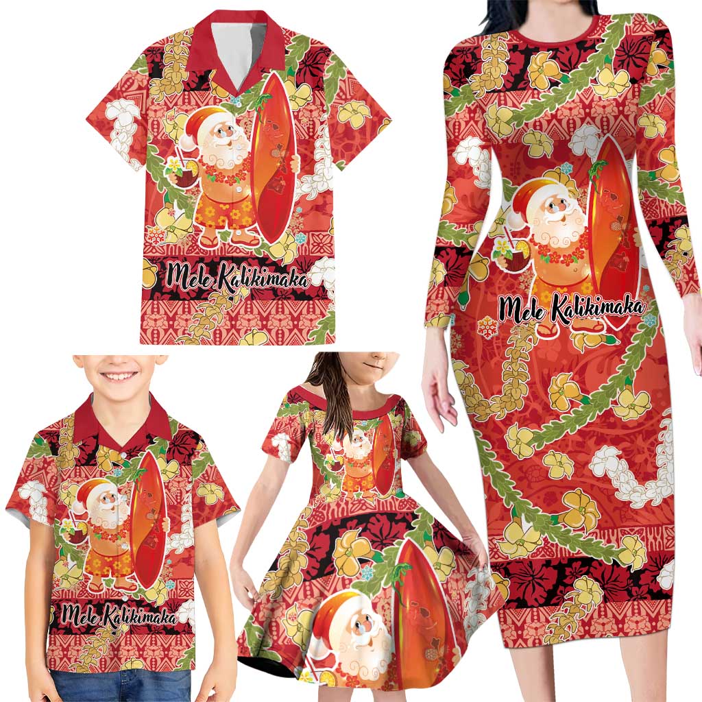Hawaii Santa Mele Kalikimaka Family Matching Long Sleeve Bodycon Dress and Hawaiian Shirt Tropical Puakenikeni Lei with Polynesian Tribal Pattern LT03 - Polynesian Pride
