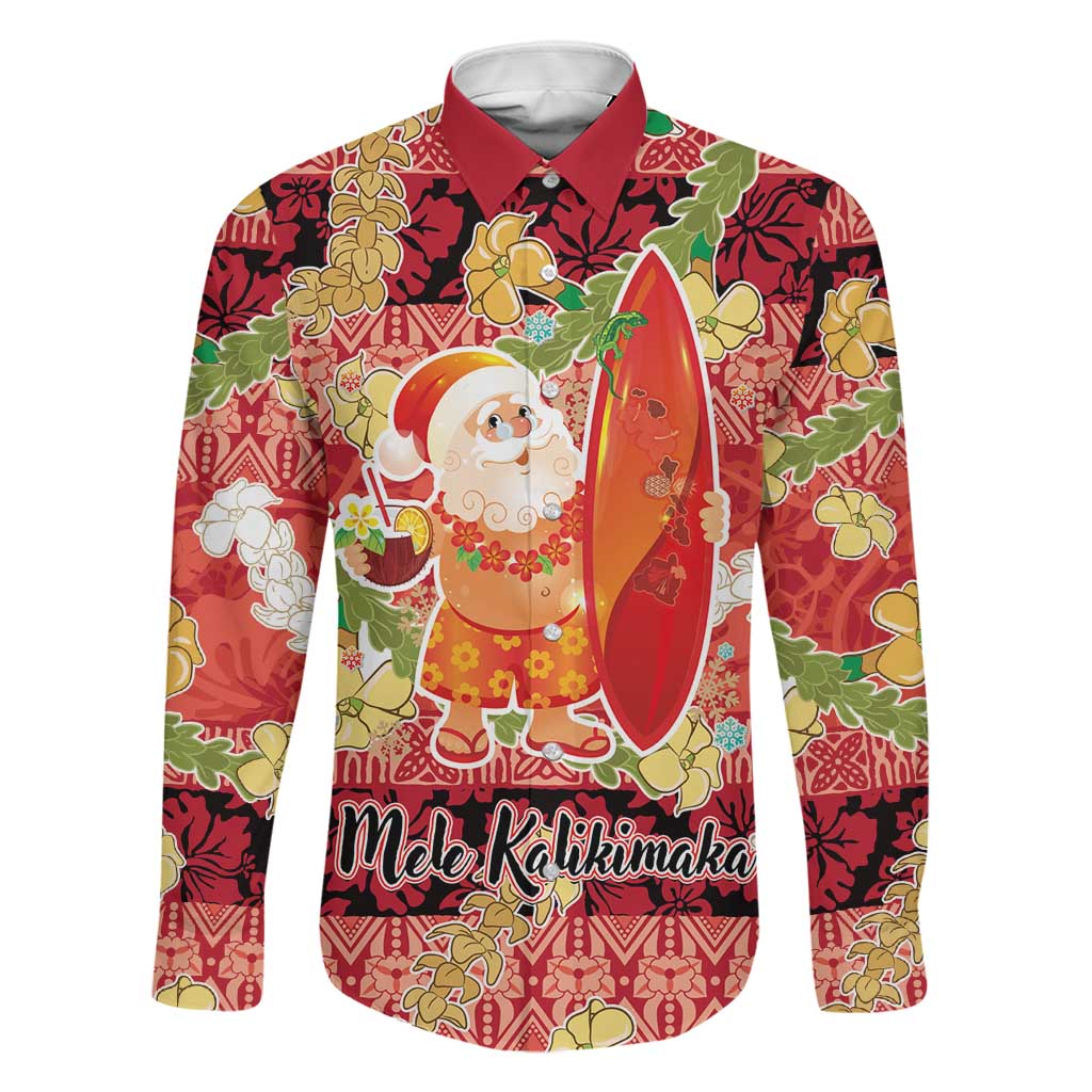 Hawaii Santa Mele Kalikimaka Family Matching Long Sleeve Bodycon Dress and Hawaiian Shirt Tropical Puakenikeni Lei with Polynesian Tribal Pattern LT03 Dad's Shirt - Long Sleeve Red - Polynesian Pride