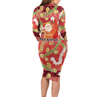 Hawaii Santa Mele Kalikimaka Family Matching Long Sleeve Bodycon Dress and Hawaiian Shirt Tropical Puakenikeni Lei with Polynesian Tribal Pattern LT03 - Polynesian Pride