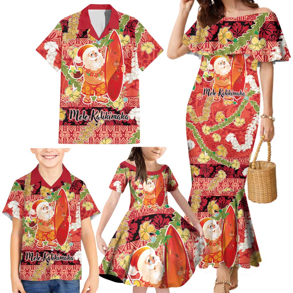 Hawaii Santa Mele Kalikimaka Family Matching Mermaid Dress and Hawaiian Shirt Tropical Puakenikeni Lei with Polynesian Tribal Pattern - Polynesian Pride