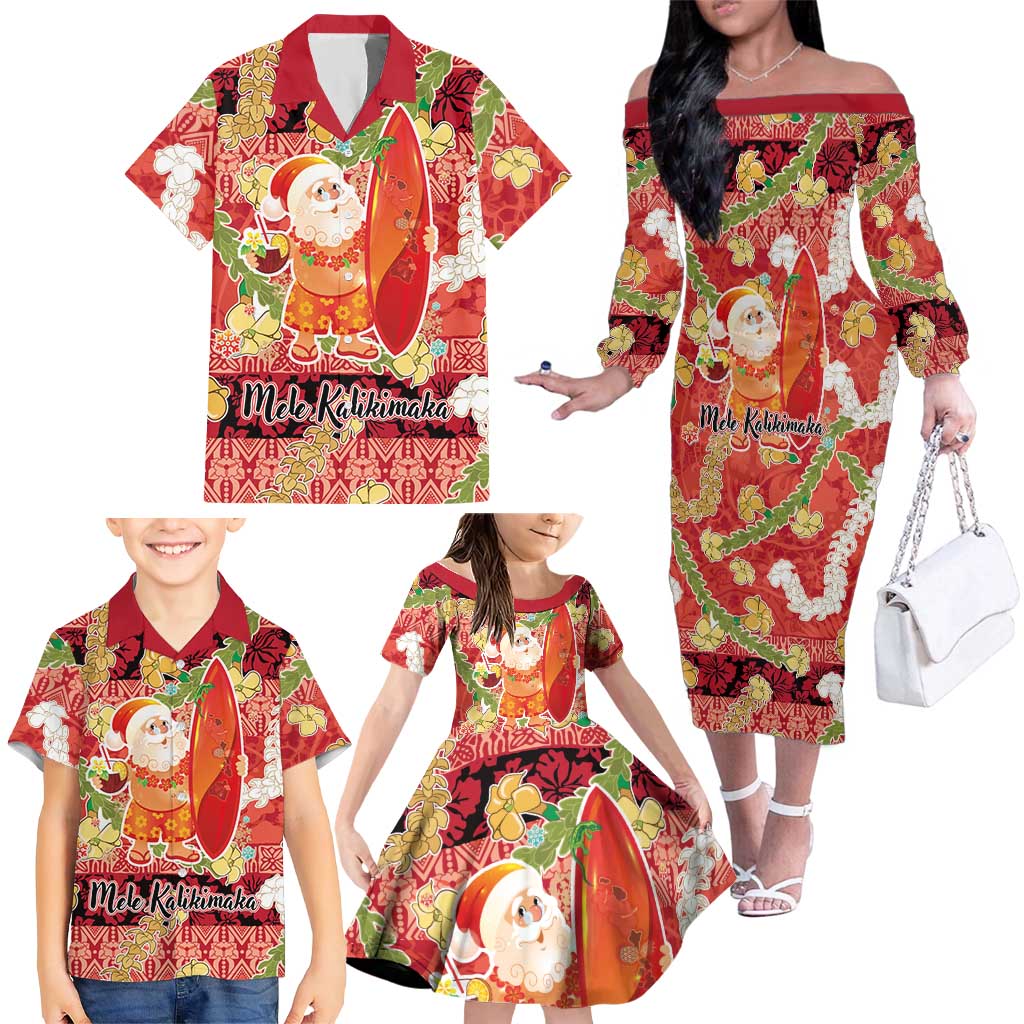 Hawaii Santa Mele Kalikimaka Family Matching Off The Shoulder Long Sleeve Dress and Hawaiian Shirt Tropical Puakenikeni Lei with Polynesian Tribal Pattern LT03 - Polynesian Pride