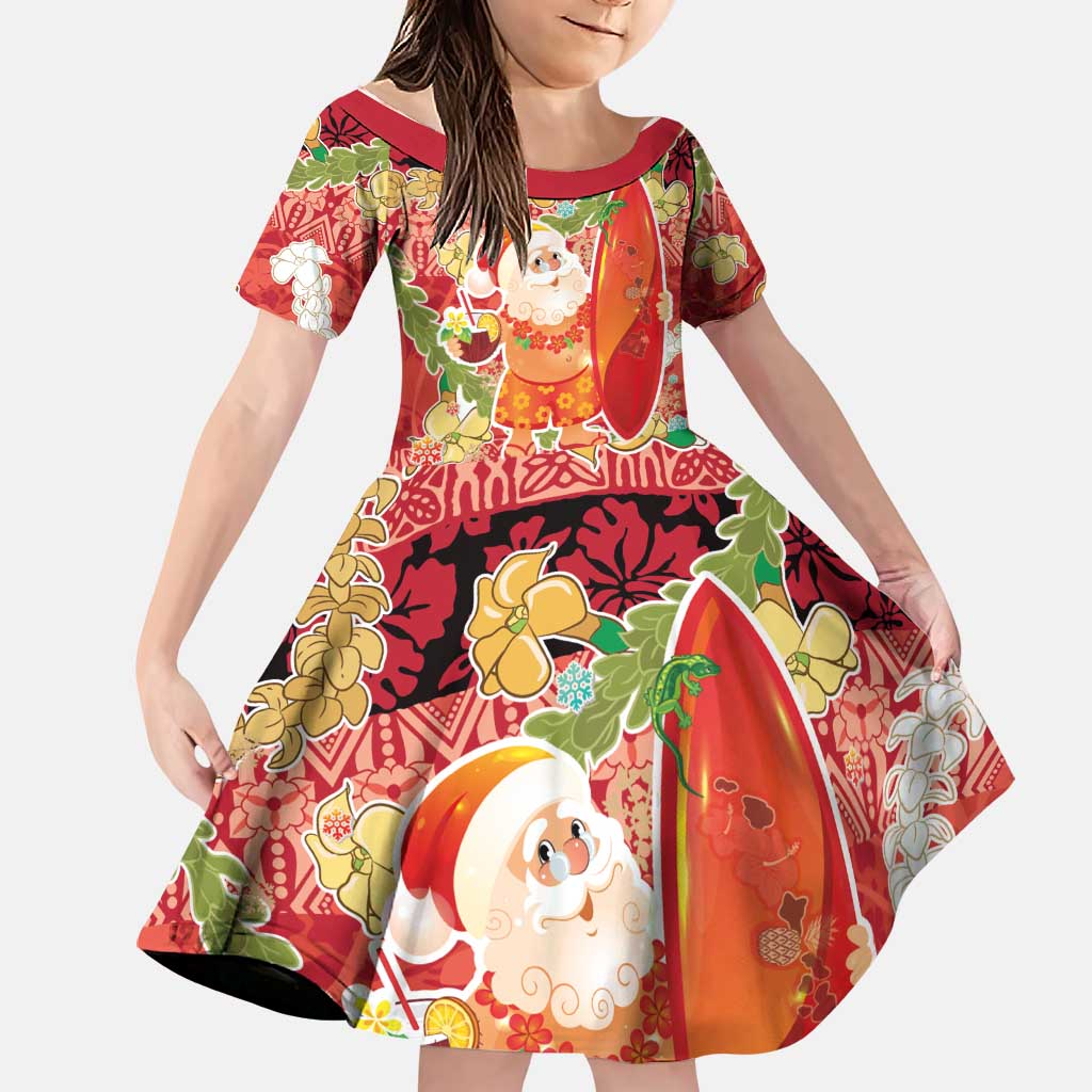Hawaii Santa Mele Kalikimaka Family Matching Off Shoulder Maxi Dress and Hawaiian Shirt Tropical Puakenikeni Lei with Polynesian Tribal Pattern LT03 Daughter's Dress Red - Polynesian Pride