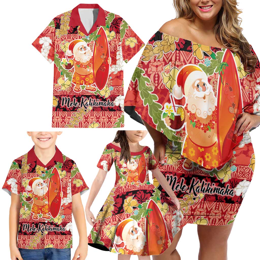 Hawaii Santa Mele Kalikimaka Family Matching Off Shoulder Short Dress and Hawaiian Shirt Tropical Puakenikeni Lei with Polynesian Tribal Pattern LT03 - Polynesian Pride