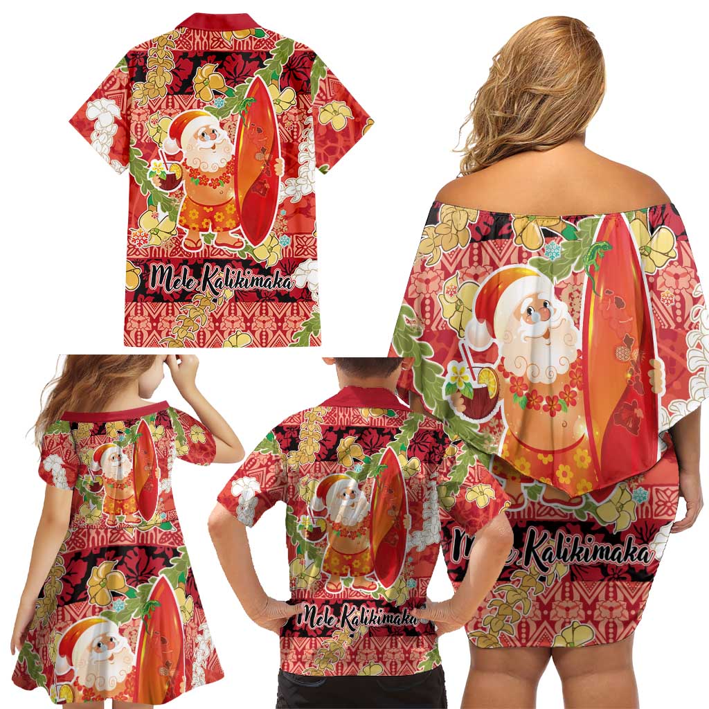 Hawaii Santa Mele Kalikimaka Family Matching Off Shoulder Short Dress and Hawaiian Shirt Tropical Puakenikeni Lei with Polynesian Tribal Pattern LT03 - Polynesian Pride