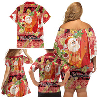Hawaii Santa Mele Kalikimaka Family Matching Off Shoulder Short Dress and Hawaiian Shirt Tropical Puakenikeni Lei with Polynesian Tribal Pattern LT03 - Polynesian Pride