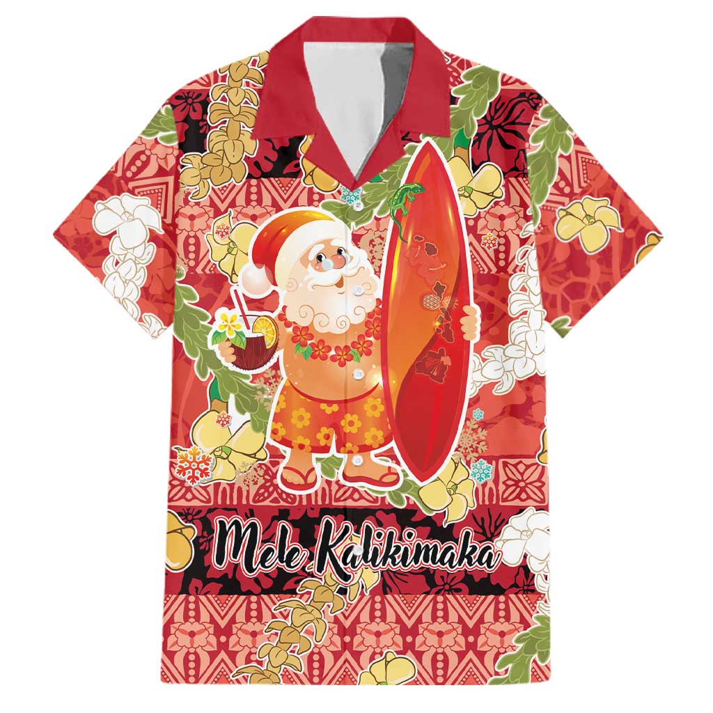 Hawaii Santa Mele Kalikimaka Family Matching Off Shoulder Short Dress and Hawaiian Shirt Tropical Puakenikeni Lei with Polynesian Tribal Pattern LT03 Dad's Shirt - Short Sleeve Red - Polynesian Pride