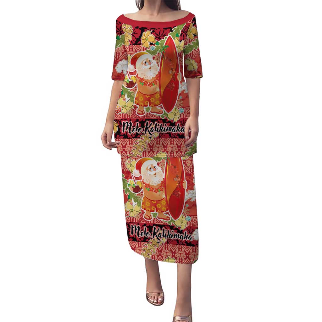 Hawaii Santa Mele Kalikimaka Family Matching Puletasi and Hawaiian Shirt Tropical Puakenikeni Lei with Polynesian Tribal Pattern LT03 Red - Polynesian Pride