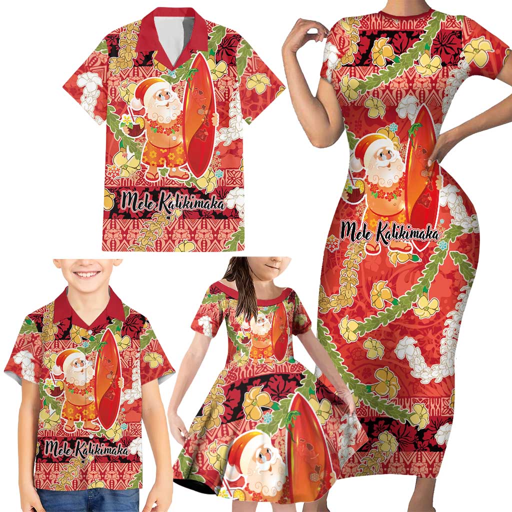 Hawaii Santa Mele Kalikimaka Family Matching Short Sleeve Bodycon Dress and Hawaiian Shirt Tropical Puakenikeni Lei with Polynesian Tribal Pattern - Polynesian Pride