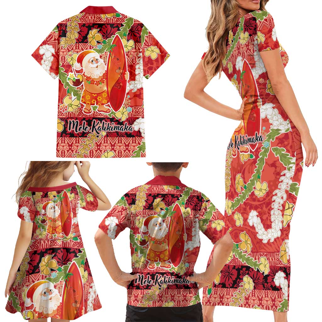 Hawaii Santa Mele Kalikimaka Family Matching Short Sleeve Bodycon Dress and Hawaiian Shirt Tropical Puakenikeni Lei with Polynesian Tribal Pattern LT03 - Polynesian Pride