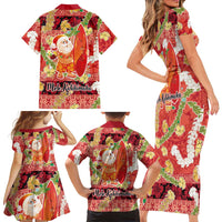 Hawaii Santa Mele Kalikimaka Family Matching Short Sleeve Bodycon Dress and Hawaiian Shirt Tropical Puakenikeni Lei with Polynesian Tribal Pattern LT03 - Polynesian Pride