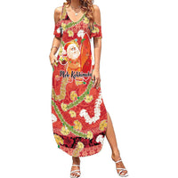 Hawaii Santa Mele Kalikimaka Family Matching Summer Maxi Dress and Hawaiian Shirt Tropical Puakenikeni Lei with Polynesian Tribal Pattern LT03 Red - Polynesian Pride