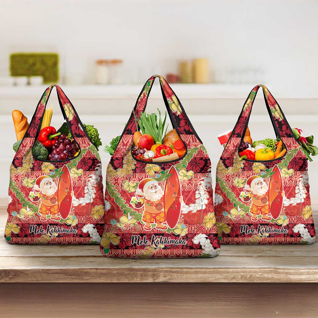 Hawaii Santa Mele Kalikimaka Grocery Bag Tropical Puakenikeni Lei with Polynesian Tribal Pattern LT03 3-pack One Size Red - Polynesian Pride