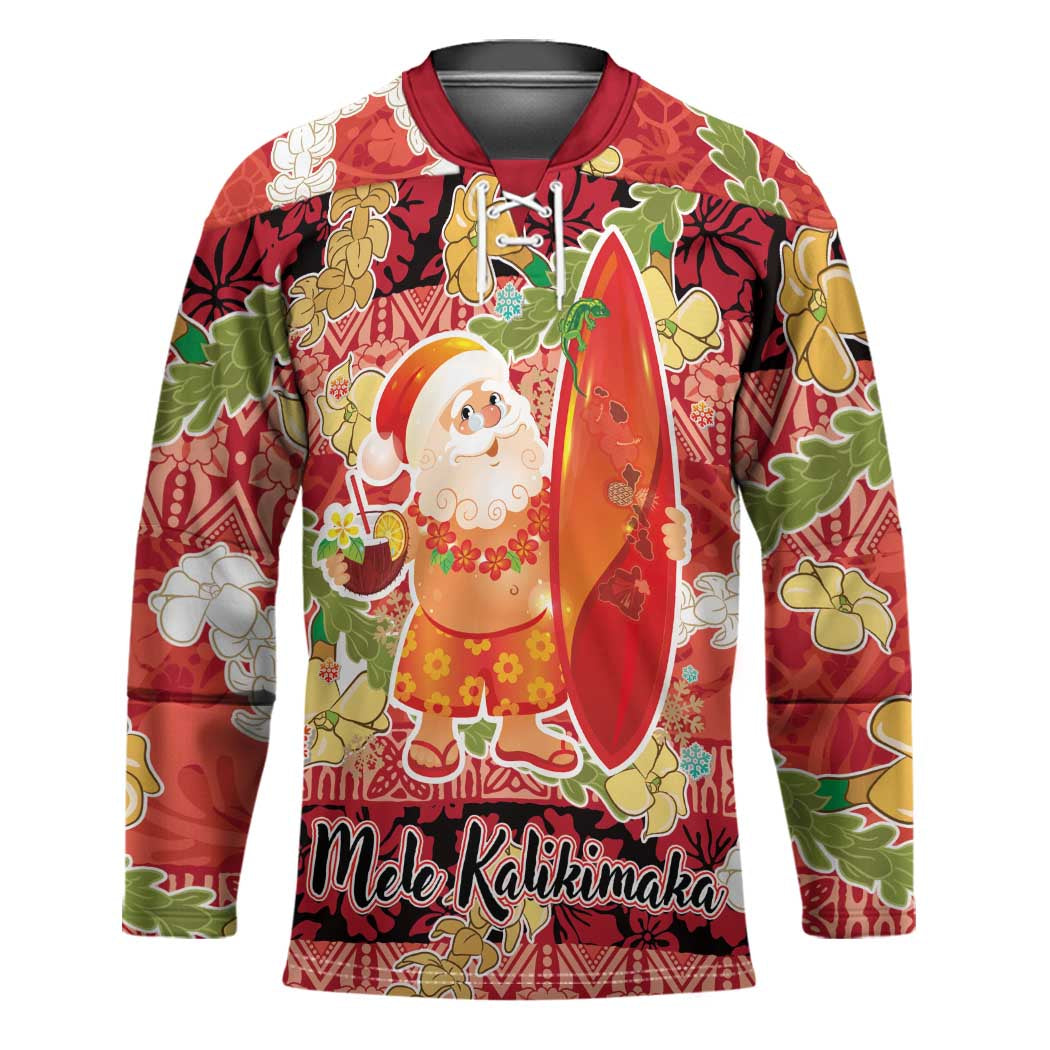 Hawaii Santa Mele Kalikimaka Hockey Jersey Tropical Puakenikeni Lei with Polynesian Tribal Pattern - Polynesian Pride