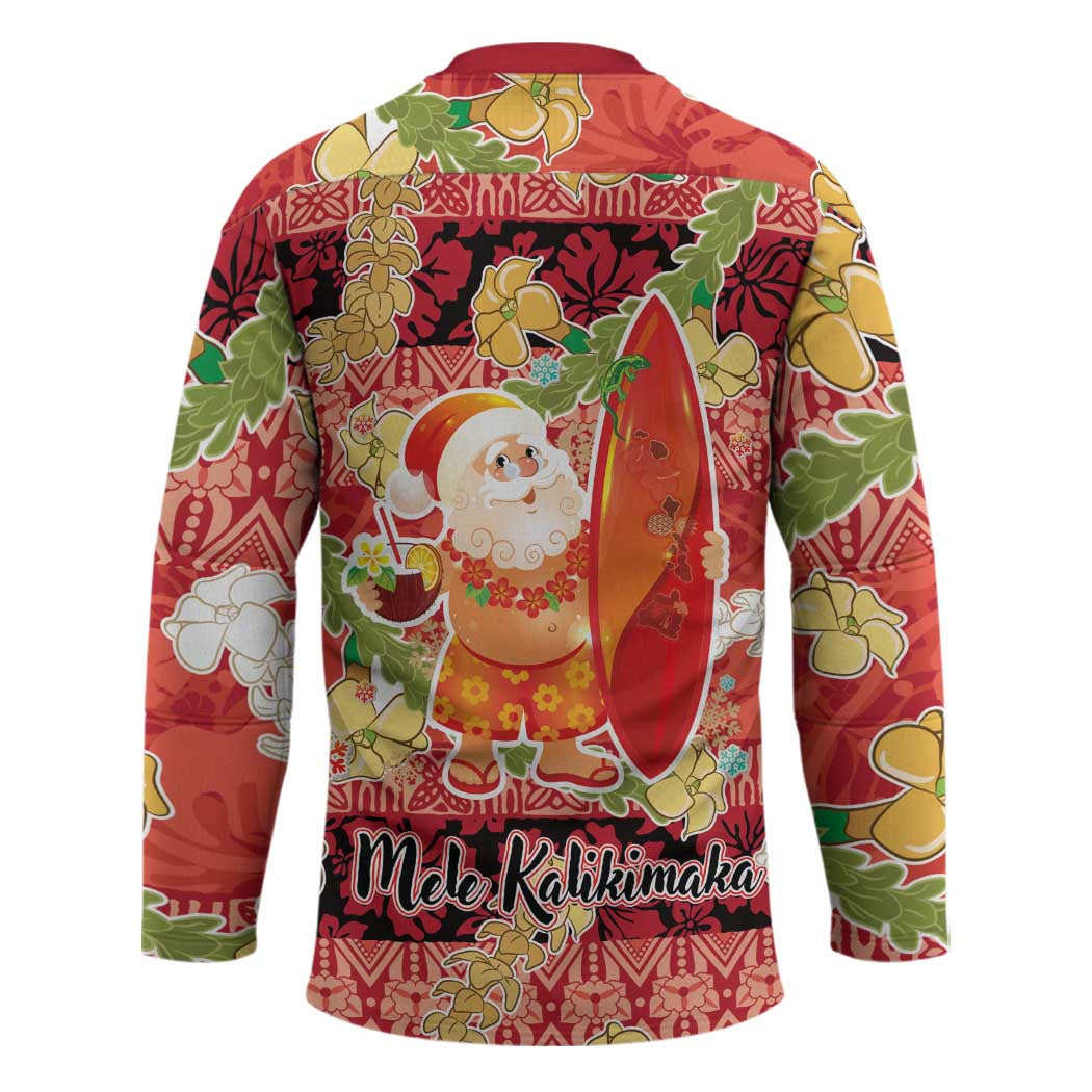 Hawaii Santa Mele Kalikimaka Hockey Jersey Tropical Puakenikeni Lei with Polynesian Tribal Pattern - Polynesian Pride