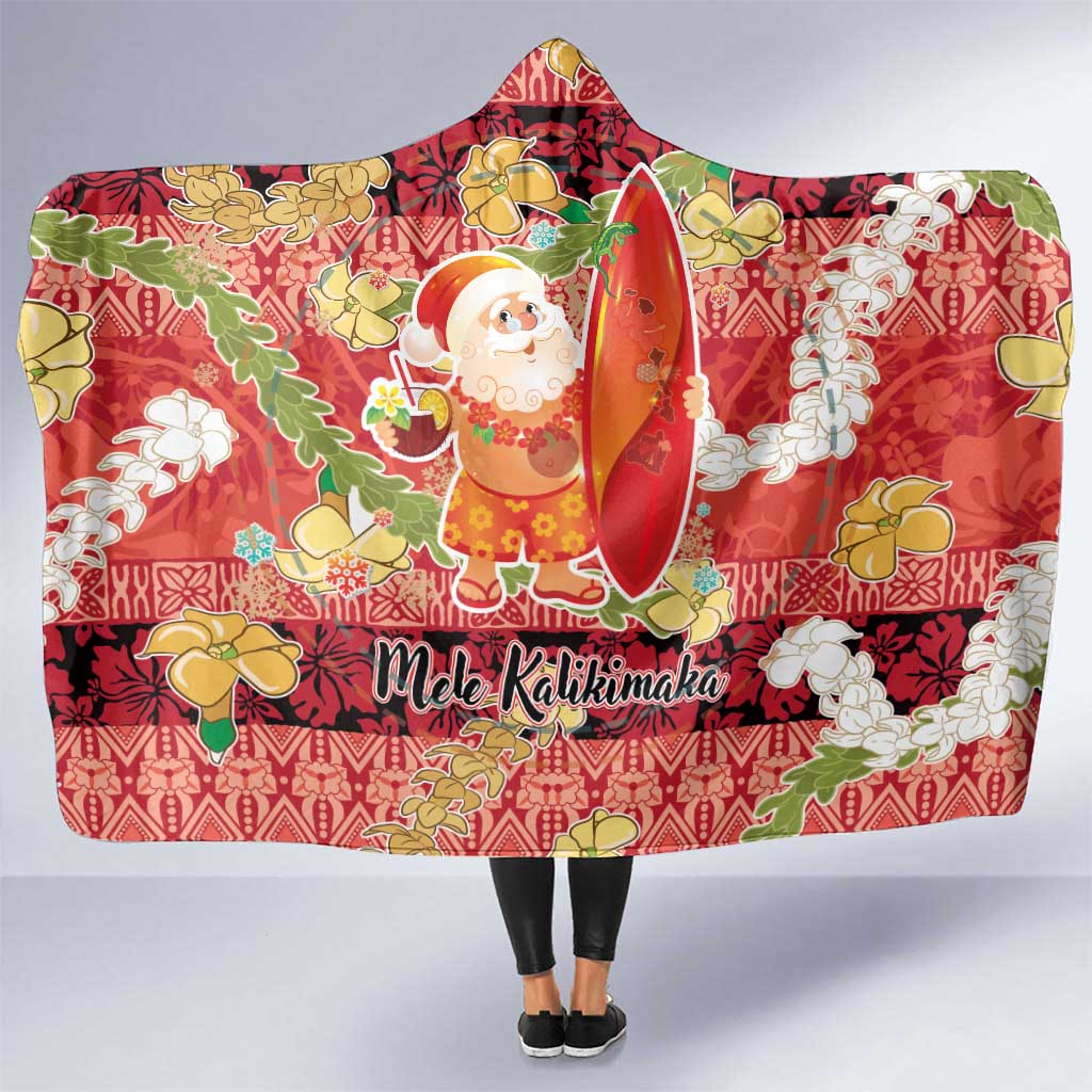 Hawaii Santa Mele Kalikimaka Hooded Blanket Tropical Puakenikeni Lei with Polynesian Tribal Pattern LT03 One Size Red - Polynesian Pride