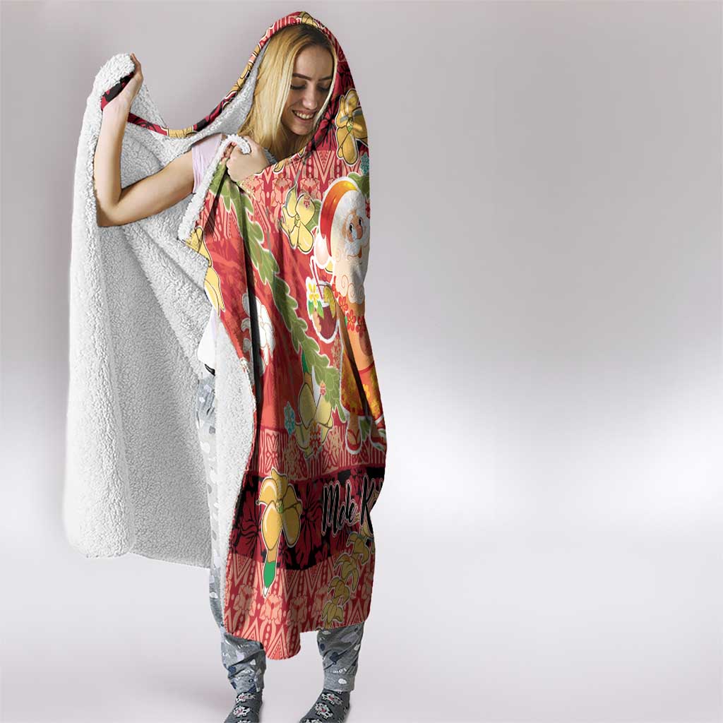 Hawaii Santa Mele Kalikimaka Hooded Blanket Tropical Puakenikeni Lei with Polynesian Tribal Pattern - Polynesian Pride