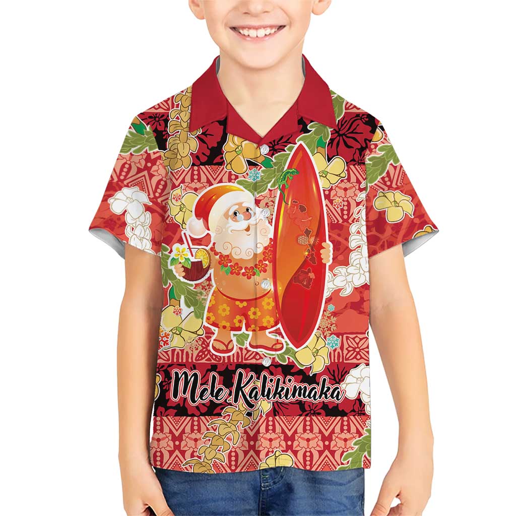 Hawaii Santa Mele Kalikimaka Kid Hawaiian Shirt Tropical Puakenikeni Lei with Polynesian Tribal Pattern - Polynesian Pride