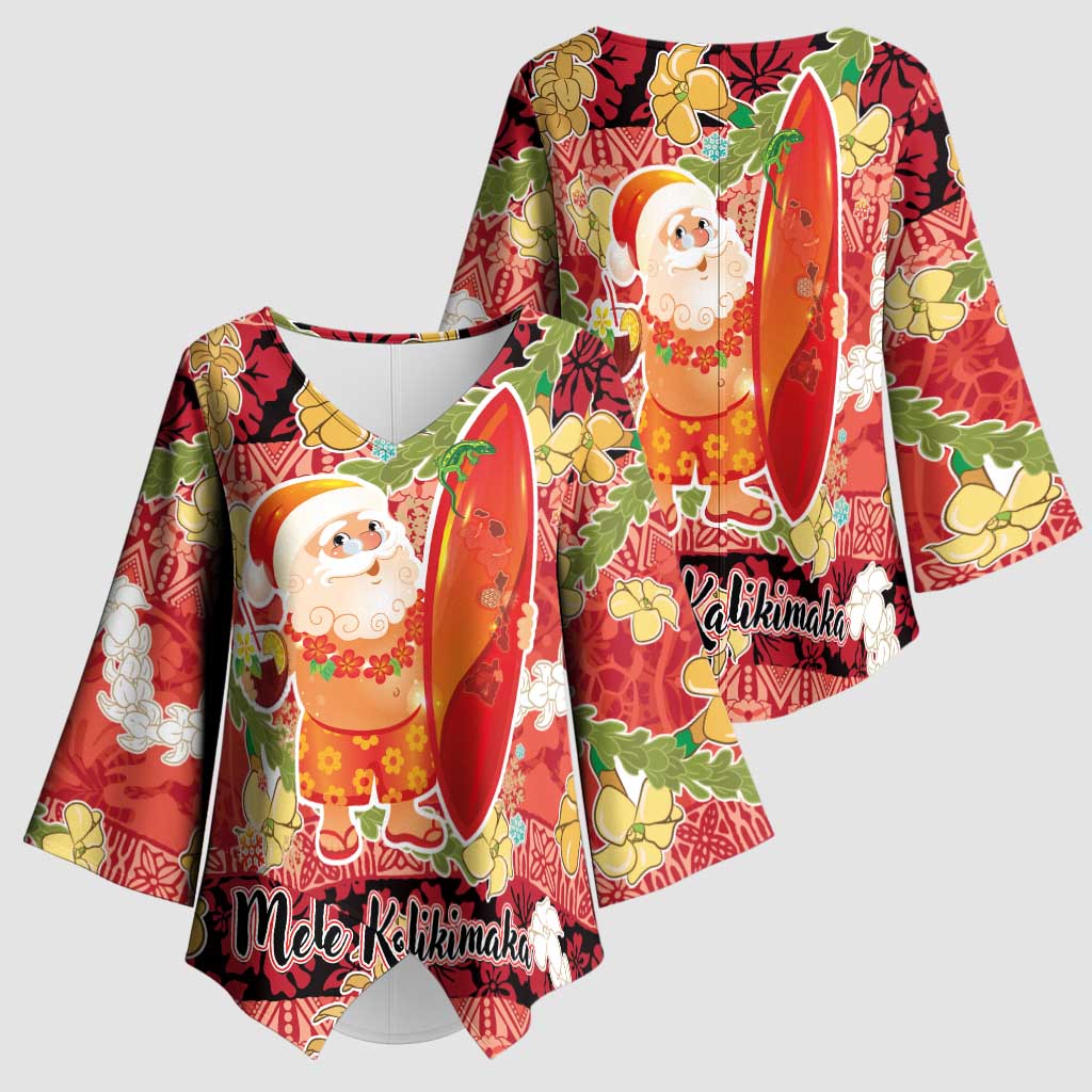 Hawaii Santa Mele Kalikimaka Kimono Sleeve Blouse Tropical Puakenikeni Lei with Polynesian Tribal Pattern - Polynesian Pride