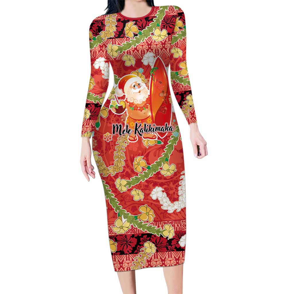 Hawaii Santa Mele Kalikimaka Long Sleeve Bodycon Dress Tropical Puakenikeni Lei with Polynesian Tribal Pattern - Polynesian Pride