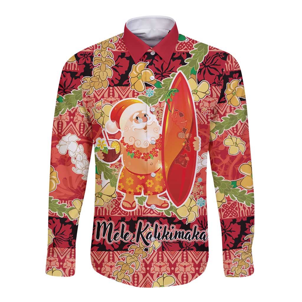 Hawaii Santa Mele Kalikimaka Long Sleeve Button Shirt Tropical Puakenikeni Lei with Polynesian Tribal Pattern LT03 Unisex Red - Polynesian Pride