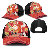 Hawaii Santa Mele Kalikimaka Mesh Trucker Cap Tropical Puakenikeni Lei with Polynesian Tribal Pattern - Polynesian Pride