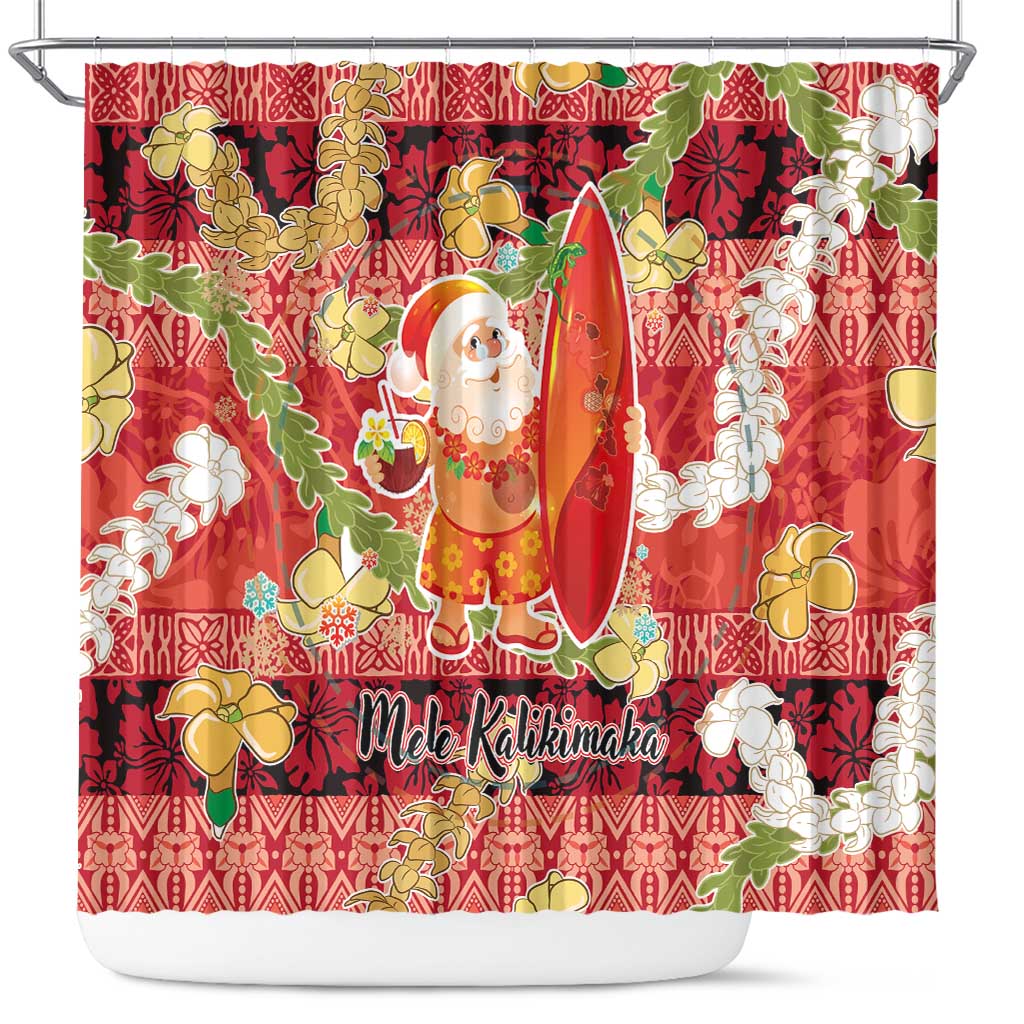 Hawaii Santa Mele Kalikimaka Shower Curtain Tropical Puakenikeni Lei with Polynesian Tribal Pattern LT03 Red - Polynesian Pride