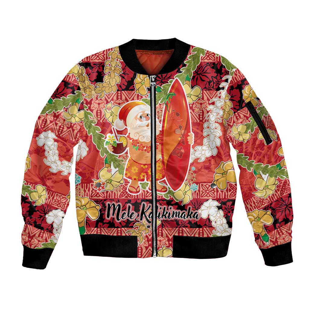 Hawaii Santa Mele Kalikimaka Sleeve Zip Bomber Jacket Tropical Puakenikeni Lei with Polynesian Tribal Pattern LT03 Unisex Red - Polynesian Pride