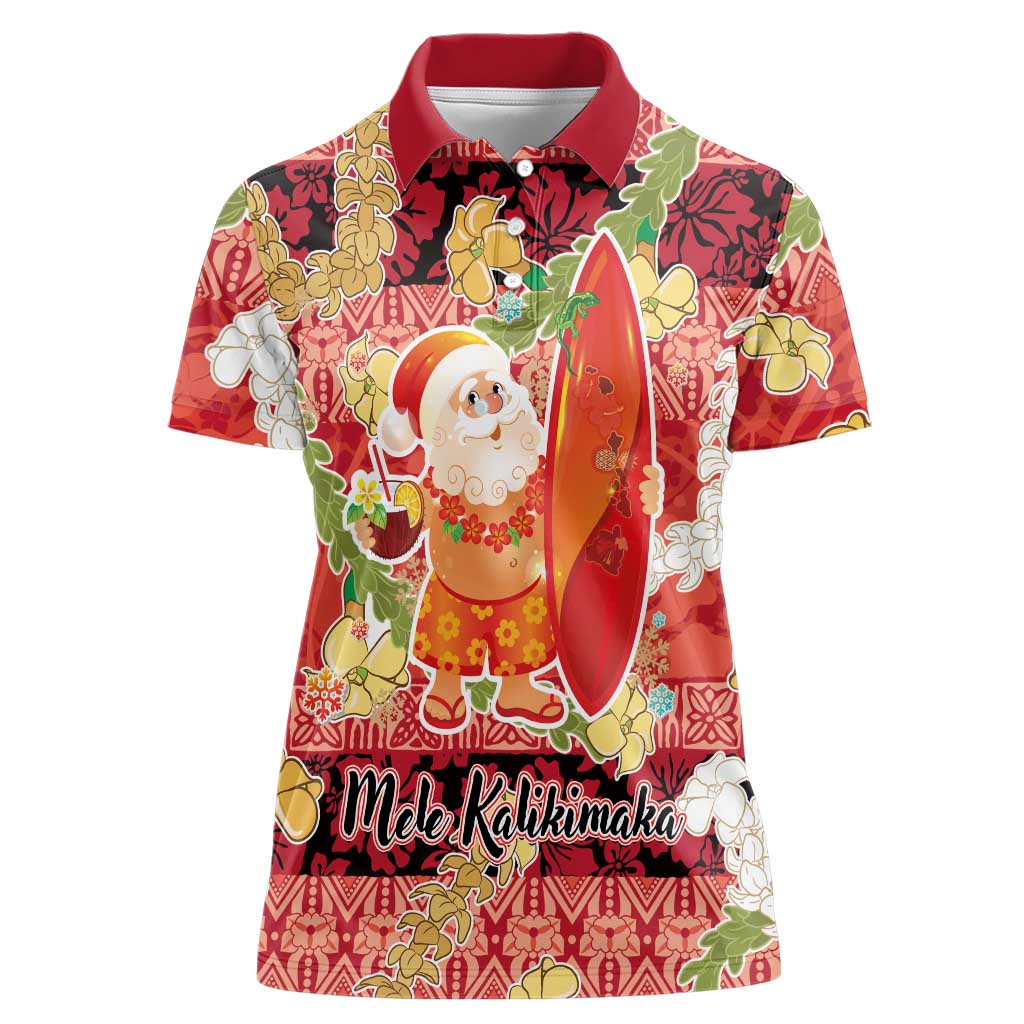 Hawaii Santa Mele Kalikimaka Women Polo Shirt Tropical Puakenikeni Lei with Polynesian Tribal Pattern - Polynesian Pride