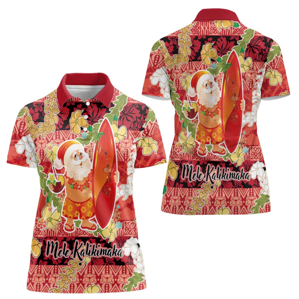 Hawaii Santa Mele Kalikimaka Women Polo Shirt Tropical Puakenikeni Lei with Polynesian Tribal Pattern - Polynesian Pride