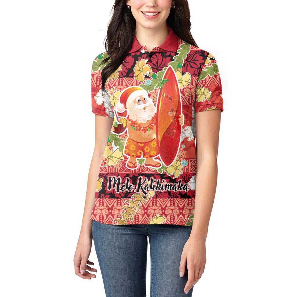 Hawaii Santa Mele Kalikimaka Women Polo Shirt Tropical Puakenikeni Lei with Polynesian Tribal Pattern - Polynesian Pride