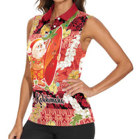 Hawaii Santa Mele Kalikimaka Women Sleeveless Polo Shirt Tropical Puakenikeni Lei with Polynesian Tribal Pattern LT03 - Polynesian Pride