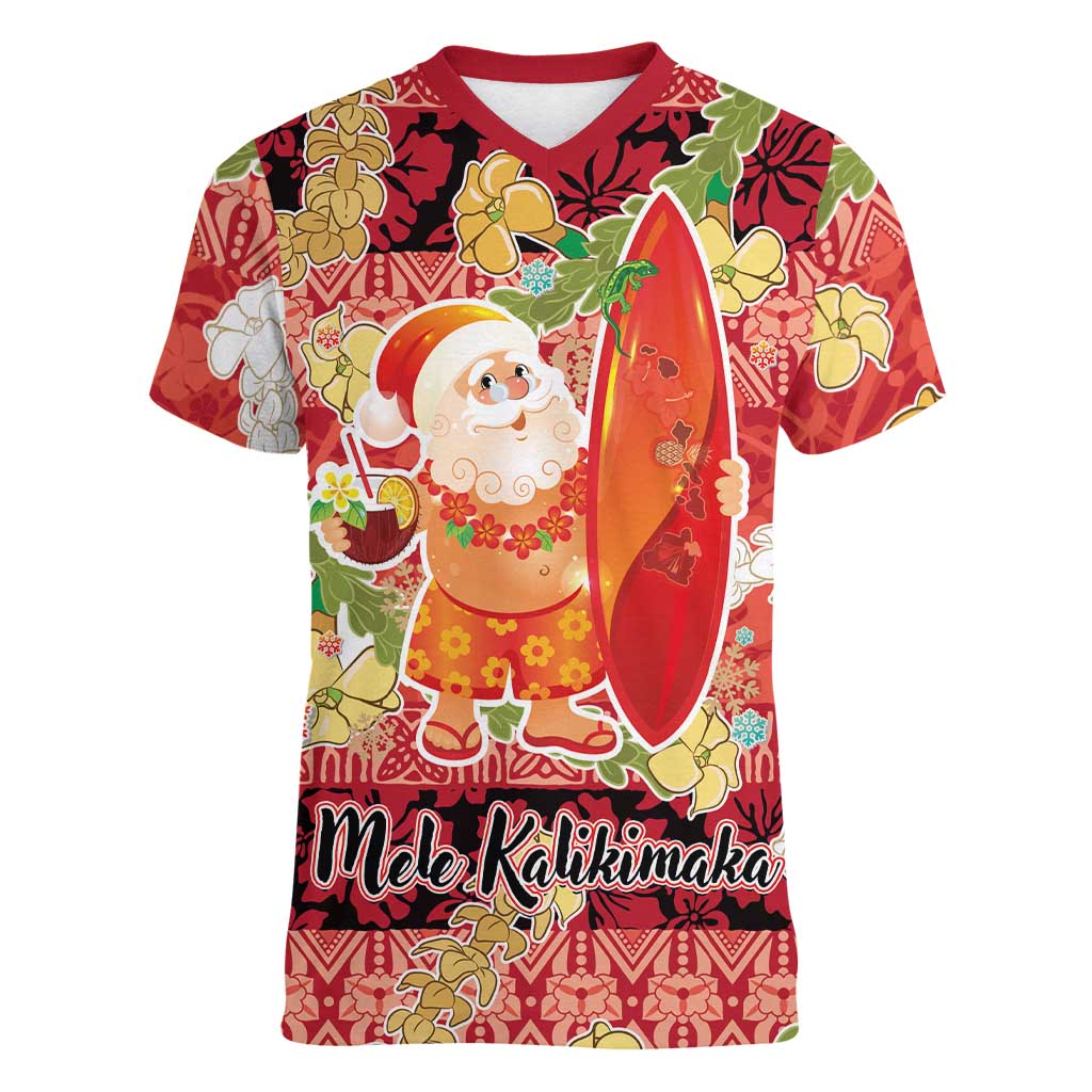 Hawaii Santa Mele Kalikimaka Women V-Neck T-Shirt Tropical Puakenikeni Lei with Polynesian Tribal Pattern LT03 Female Red - Polynesian Pride