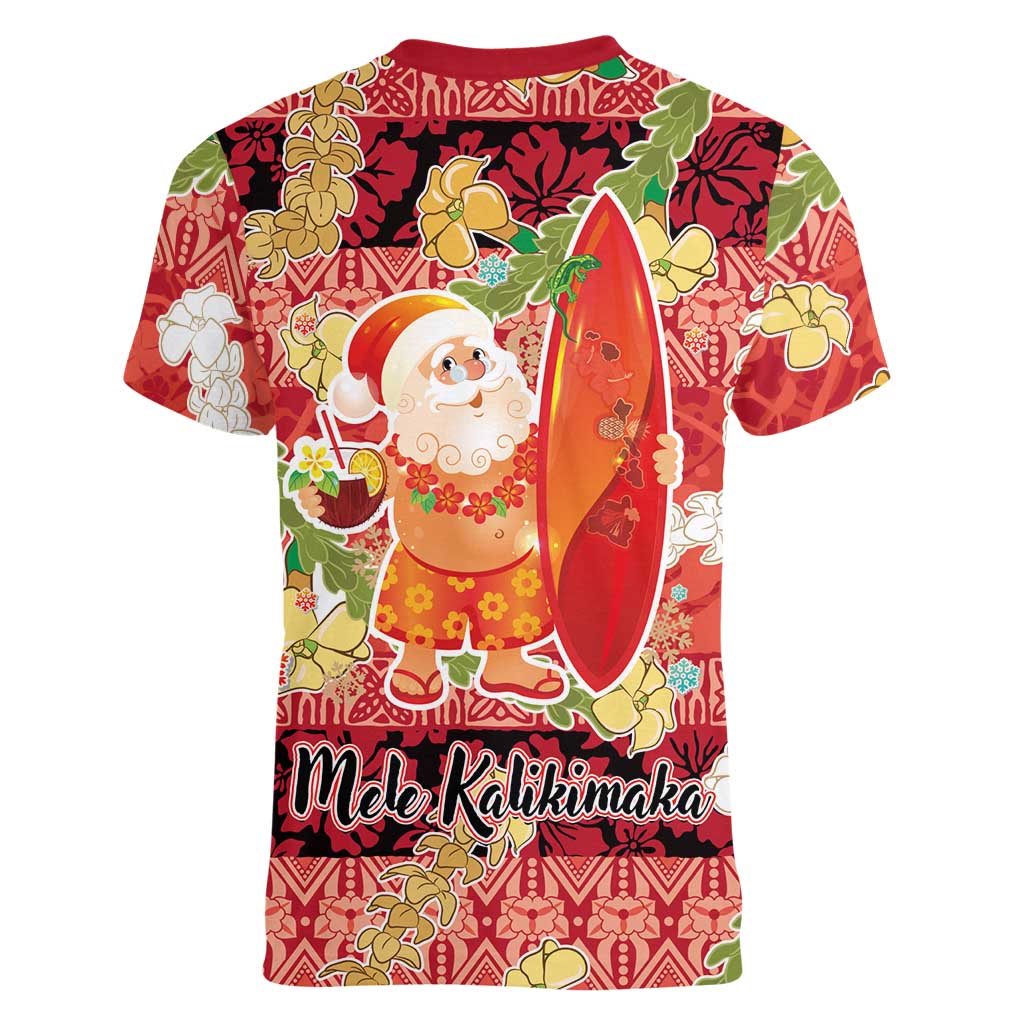 Hawaii Santa Mele Kalikimaka Women V-Neck T-Shirt Tropical Puakenikeni Lei with Polynesian Tribal Pattern LT03 - Polynesian Pride
