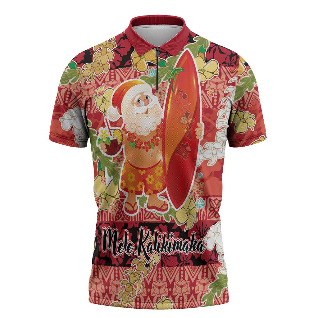 Hawaii Santa Mele Kalikimaka Zipper Polo Shirt Tropical Puakenikeni Lei with Polynesian Tribal Pattern LT03 Red - Polynesian Pride