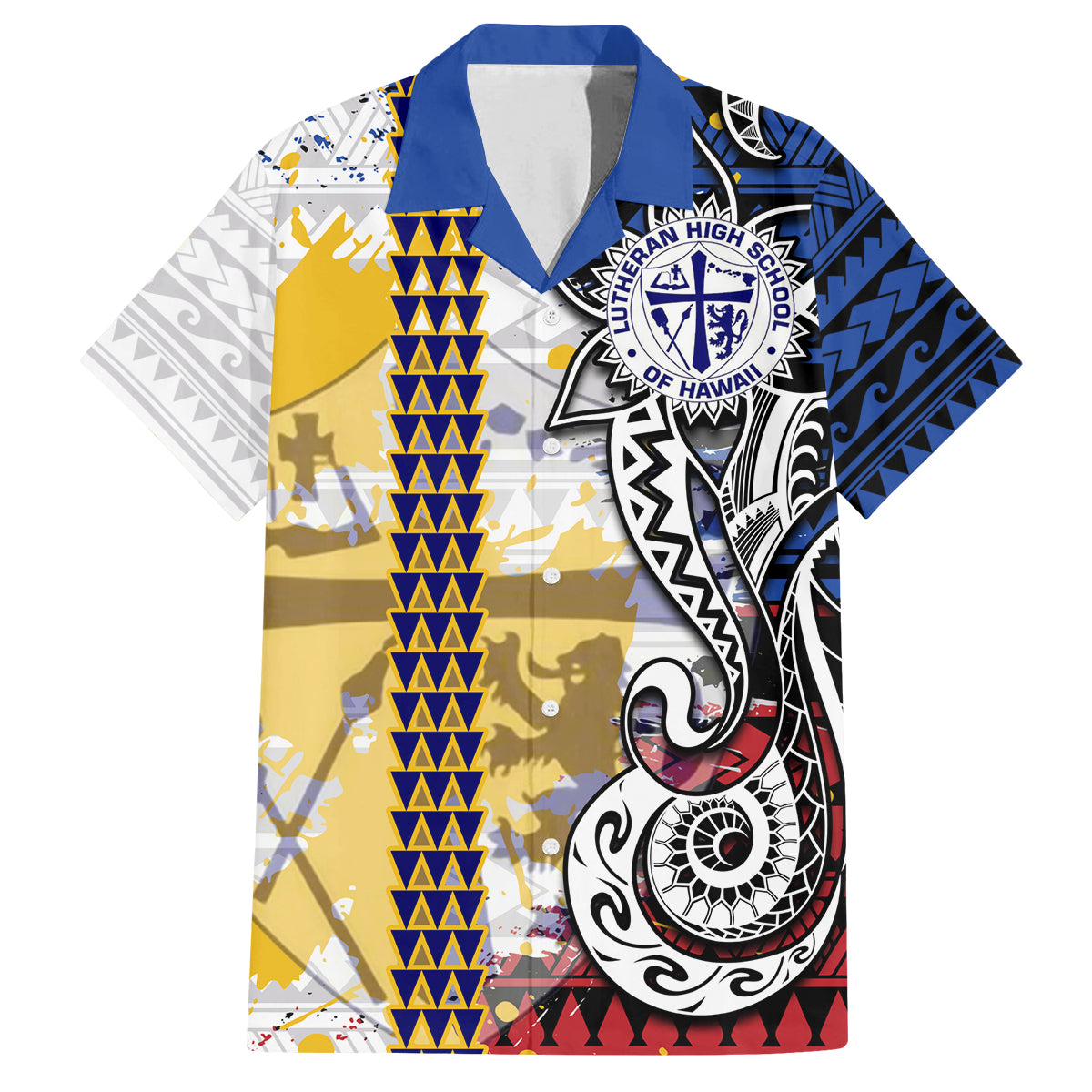 Hawaii Lutheran High School Family Matching Tank Maxi Dress and Hawaiian Shirt Kakau Pattern Splash Style LT03 Dad's Shirt - Short Sleeve Red - Polynesian Pride