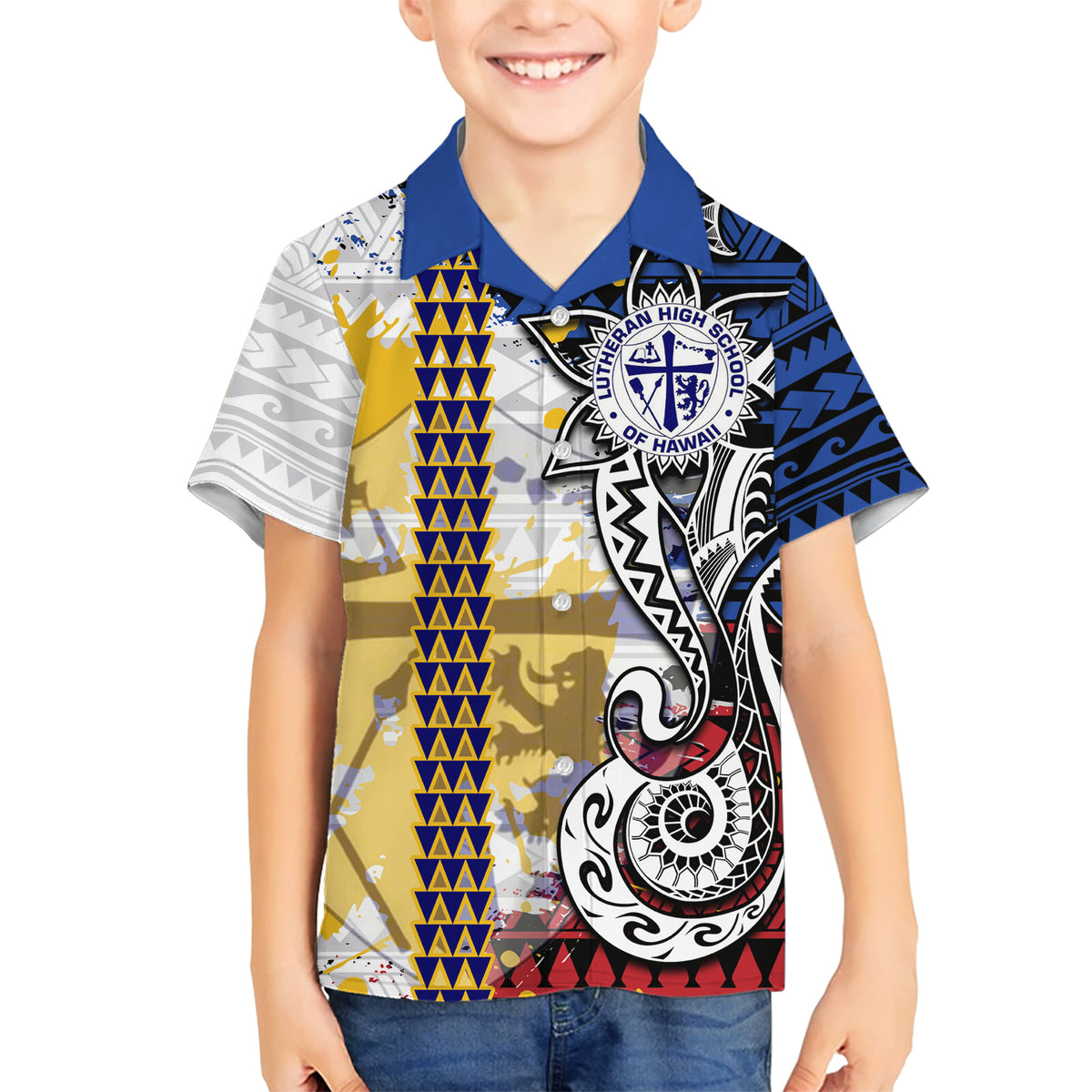 Hawaii Lutheran High School Kid Hawaiian Shirt Kakau Pattern Splash Style LT03 Kid Red - Polynesian Pride