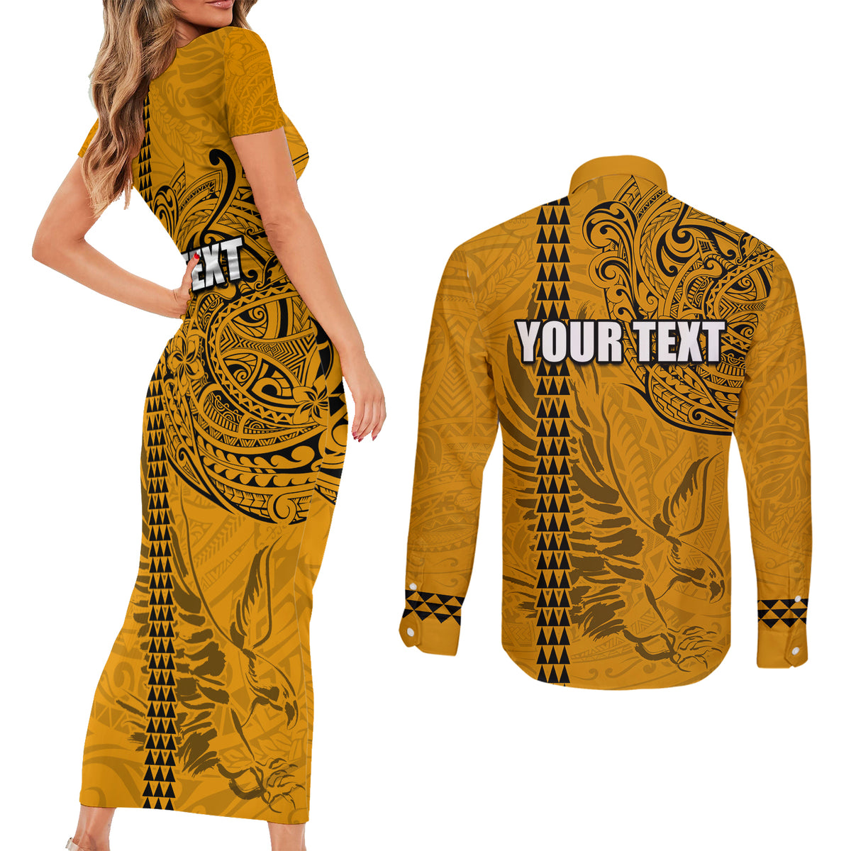 Nanakuli High and Intermediate School Couples Matching Short Sleeve Bodycon Dress and Long Sleeve Button Shirt Tribal Kakau Pattern LT03 - Polynesian Pride