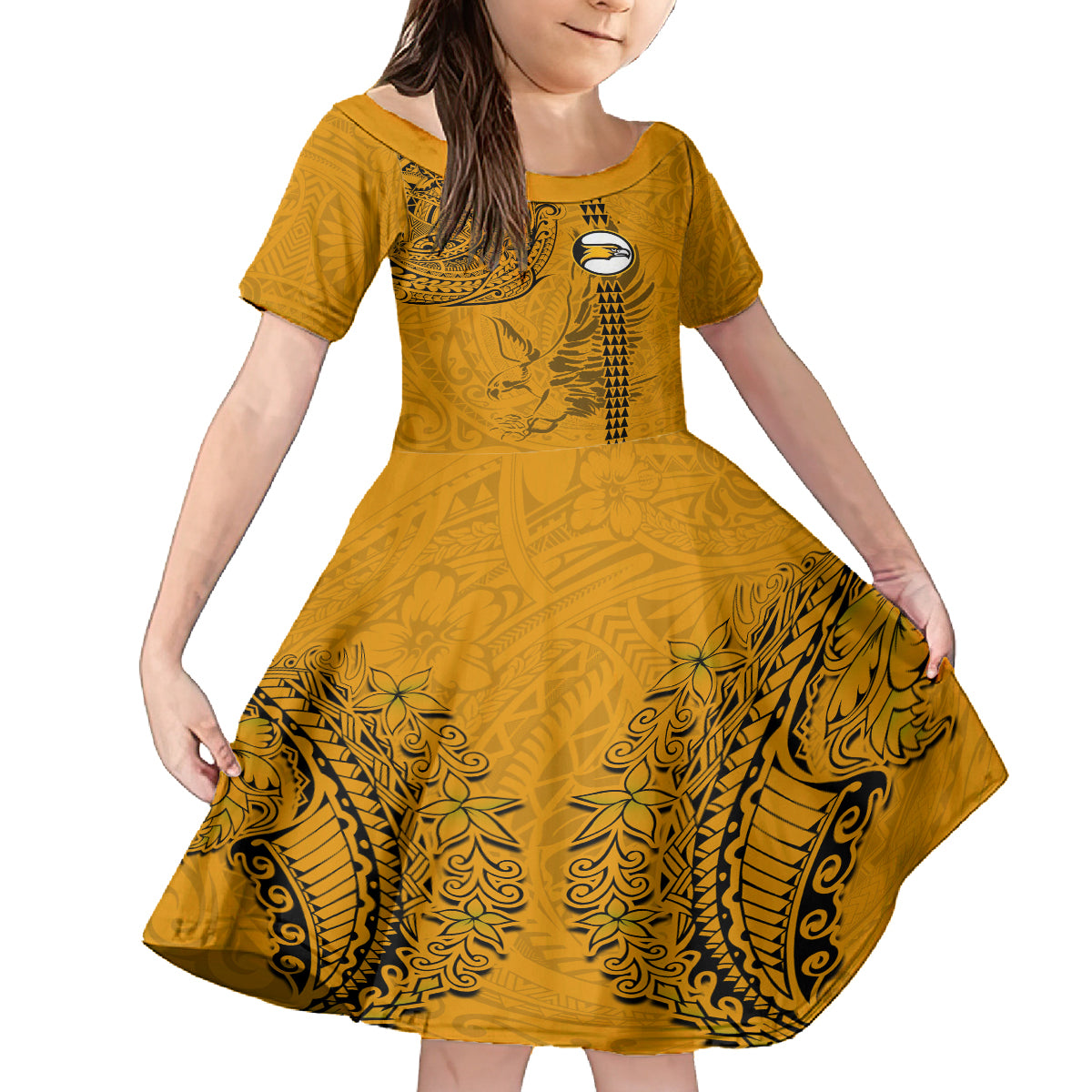 Nanakuli High and Intermediate School Family Matching Long Sleeve Bodycon Dress and Hawaiian Shirt Tribal Kakau Pattern LT03 Daughter's Dress Yellow - Polynesian Pride