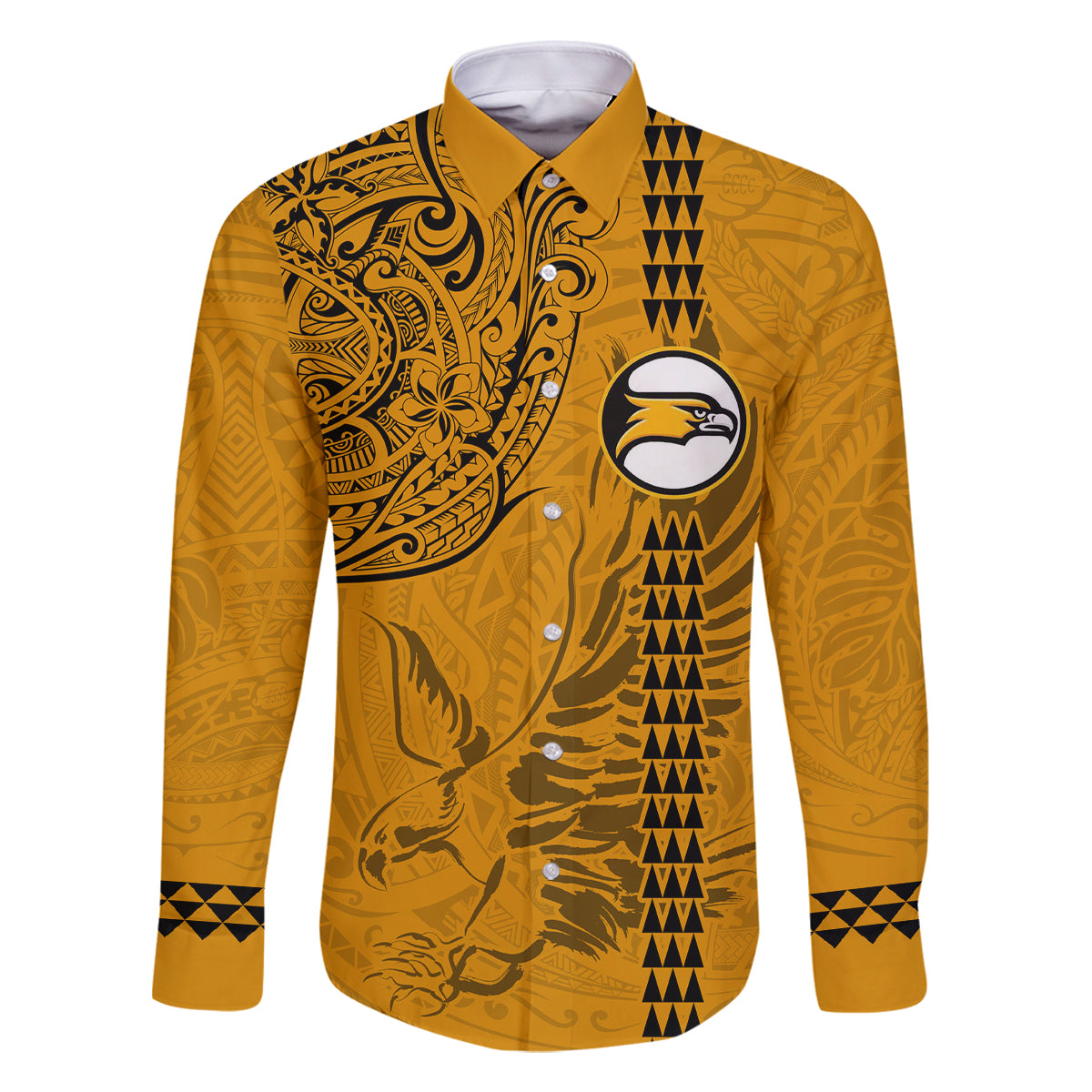 Nanakuli High and Intermediate School Family Matching Off Shoulder Short Dress and Hawaiian Shirt Tribal Kakau Pattern LT03 Dad's Shirt - Long Sleeve Yellow - Polynesian Pride