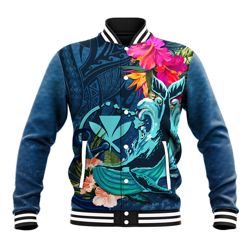 Hawaii Baseball Jacket Whale Mix Hibiscus and Kanaka Maoli Blue Version LT03 Unisex Blue - Polynesian Pride