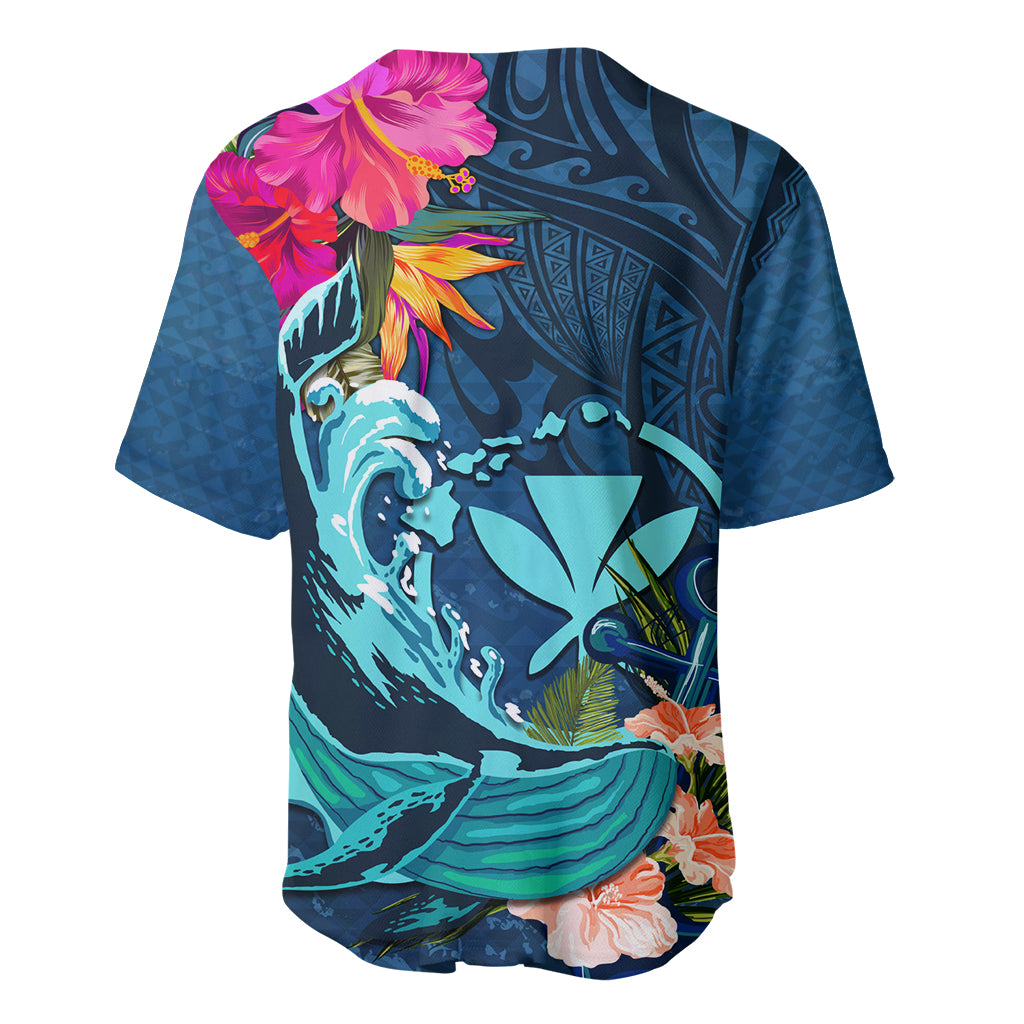 Hawaii Baseball Jersey Whale Mix Hibiscus and Kanaka Maoli Blue Version LT03 - Polynesian Pride