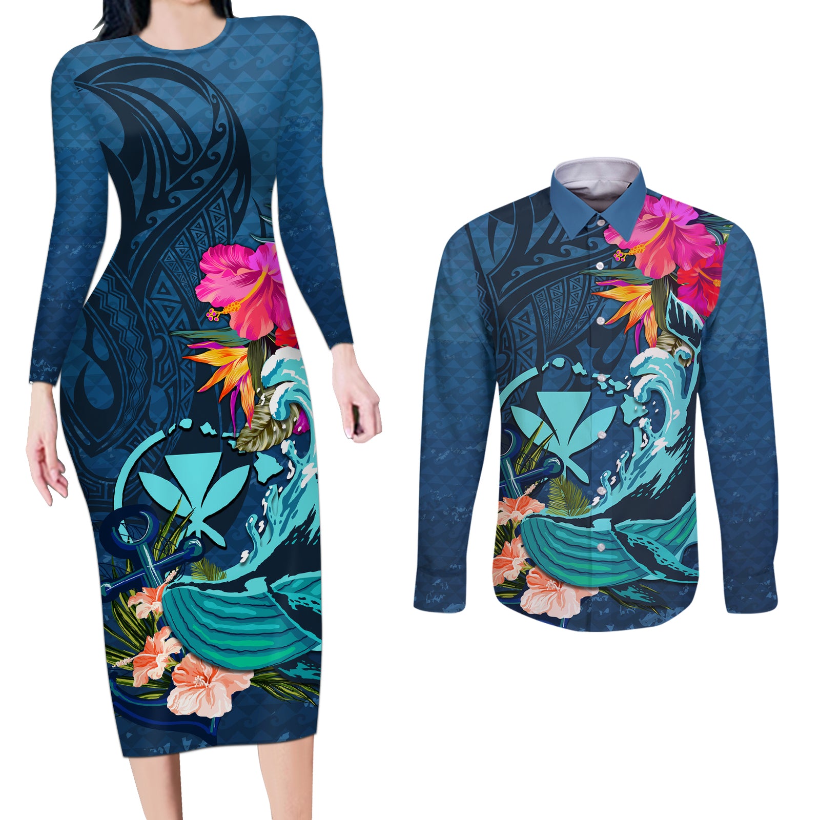 Hawaii Couples Matching Long Sleeve Bodycon Dress and Long Sleeve Button Shirt Whale Mix Hibiscus and Kanaka Maoli Blue Version LT03 Blue - Polynesian Pride