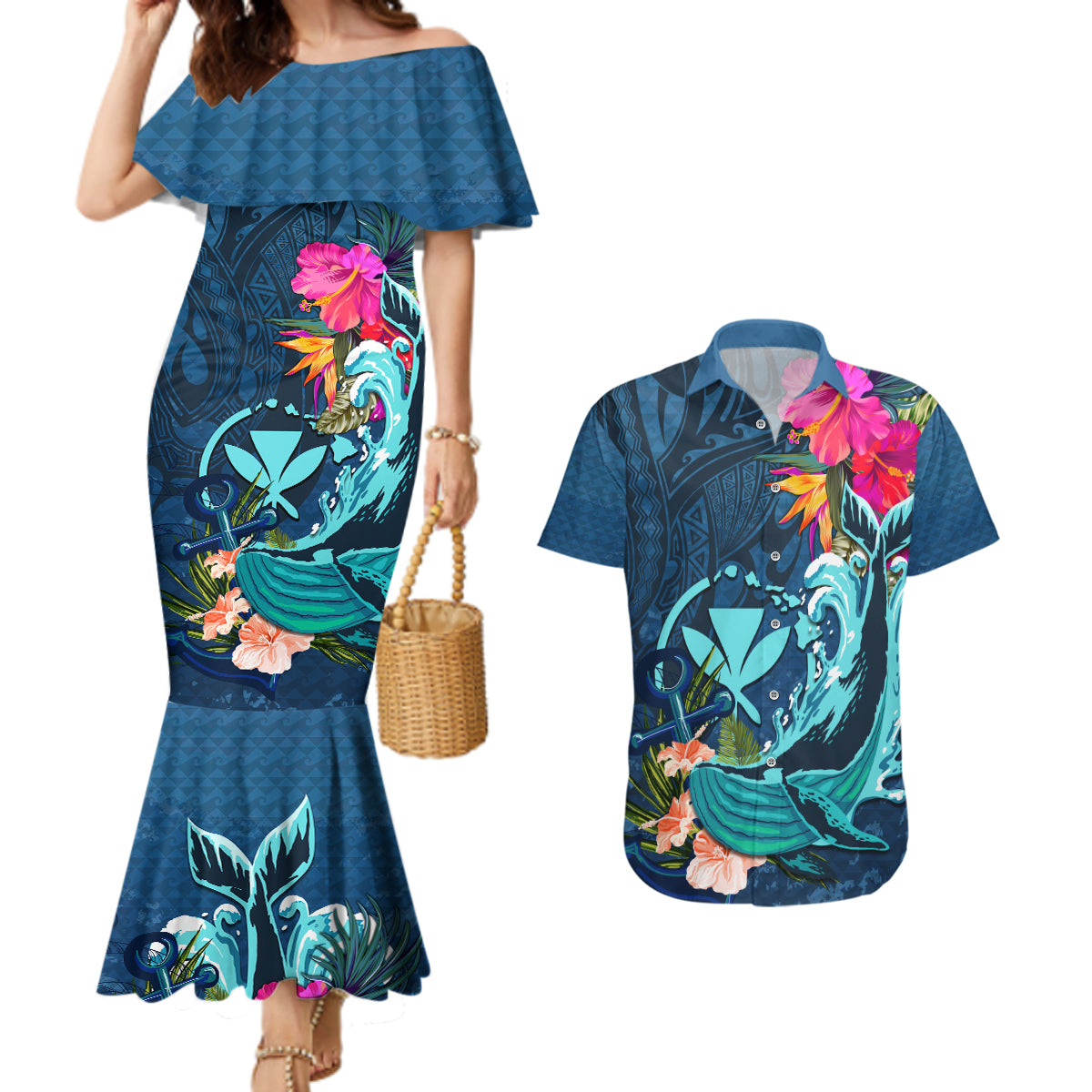 Hawaii Couples Matching Mermaid Dress and Hawaiian Shirt Whale Mix Hibiscus and Kanaka Maoli Blue Version LT03 Blue - Polynesian Pride