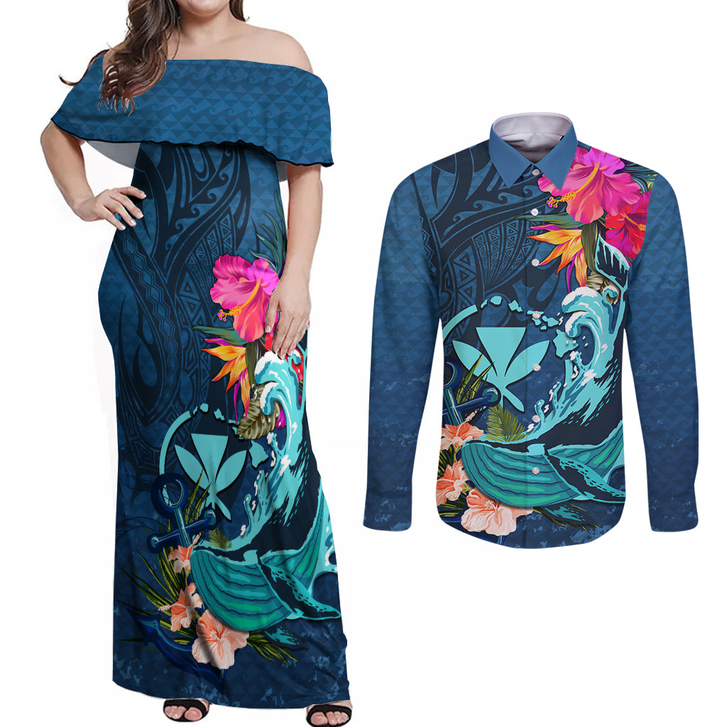 Hawaii Couples Matching Off Shoulder Maxi Dress and Long Sleeve Button Shirt Whale Mix Hibiscus and Kanaka Maoli Blue Version LT03 Blue - Polynesian Pride