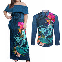 Hawaii Couples Matching Off Shoulder Maxi Dress and Long Sleeve Button Shirt Whale Mix Hibiscus and Kanaka Maoli Blue Version LT03 Blue - Polynesian Pride